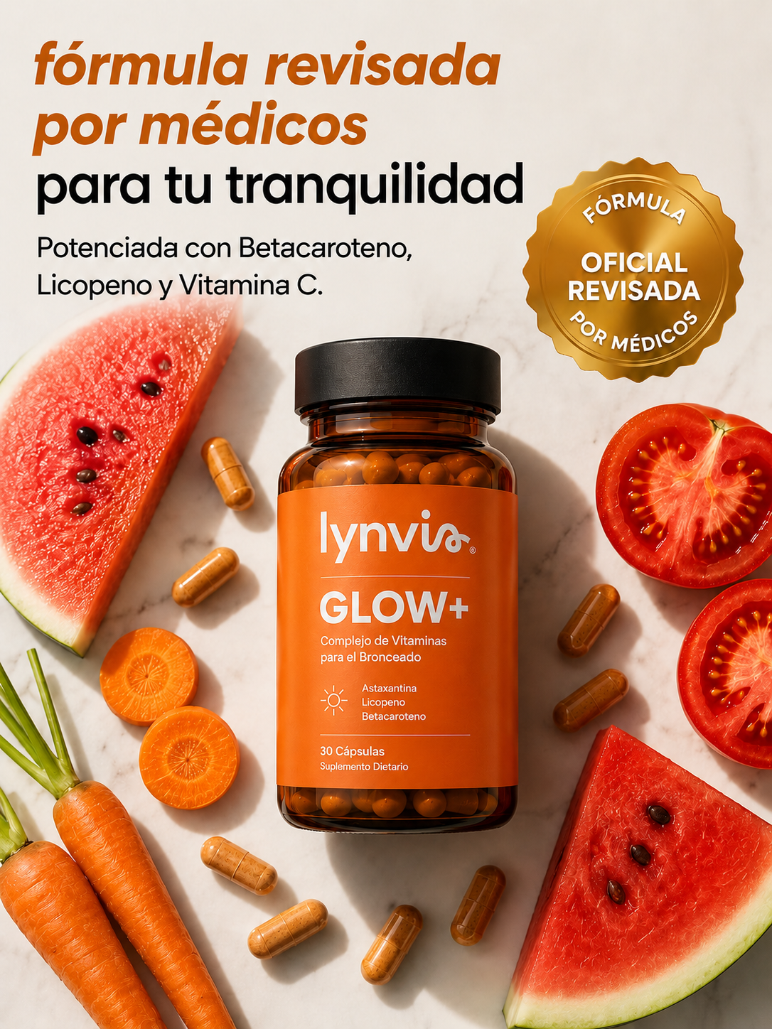 LYNVIA GLOW+ Vitaminas Bronceadoras - 60 Cápsulas